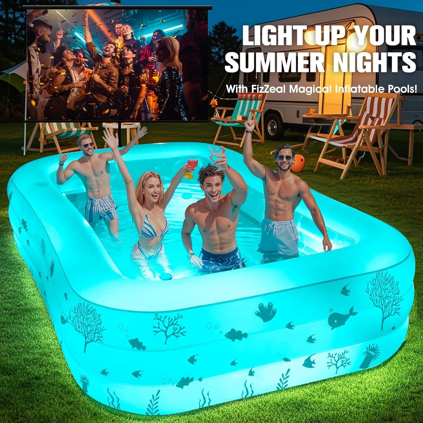 Inflatable Pool with Seat and Pool Lights, Durable Thickened Large Size Family Inflatable Pools for Adults Blow Up Pools,105" x 65" x 25"Swimming Inflatable Kids PooI for Backyard,Outdoor (White)
