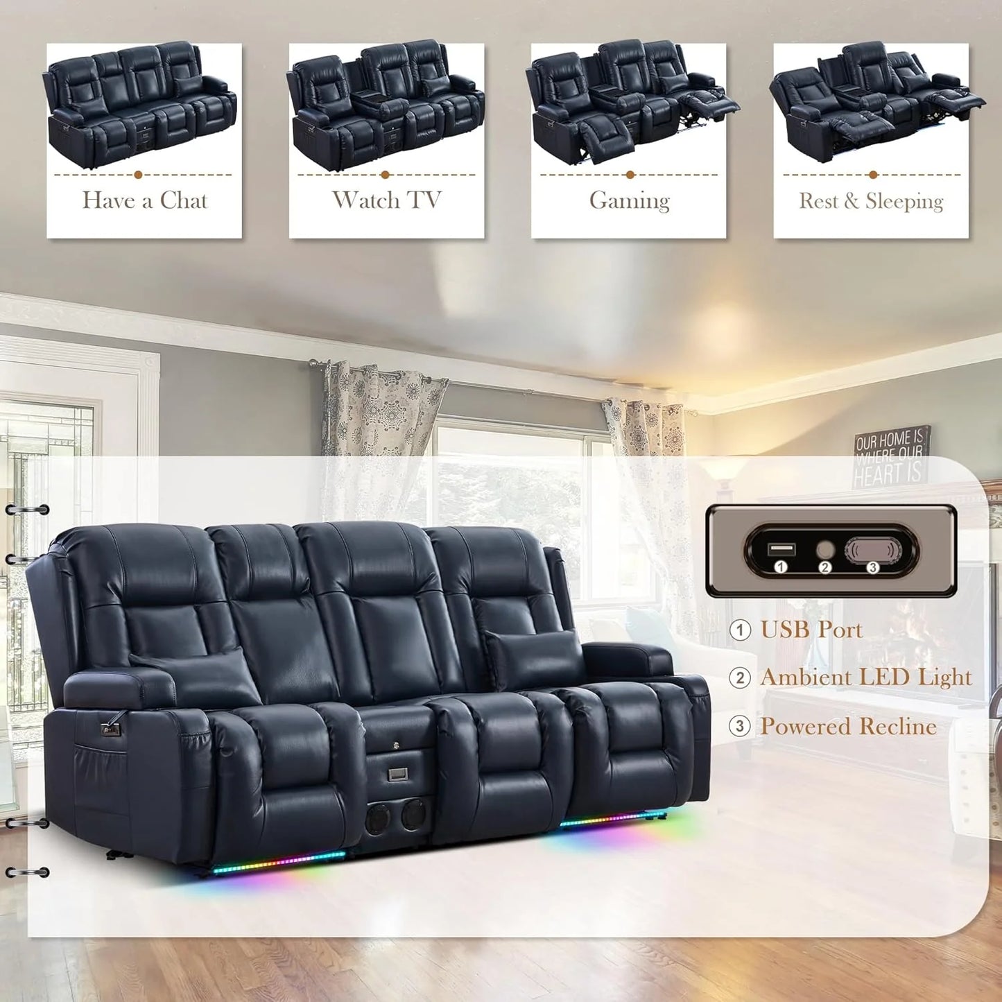 TUNYI Power Loveseat Recliner Sofa with Massage & Heat Home Theater Seating with Console Electric Recliner RV Sofa with USB/Outlet/Storage/Side Pocket/LED Light/Speaker (Brown, Loveseat)