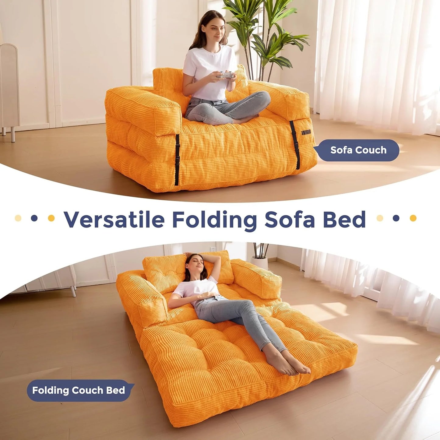 Folding Sofa Bed, L-Shaped Convertible Sofa Bed with Armrests and Pillows,