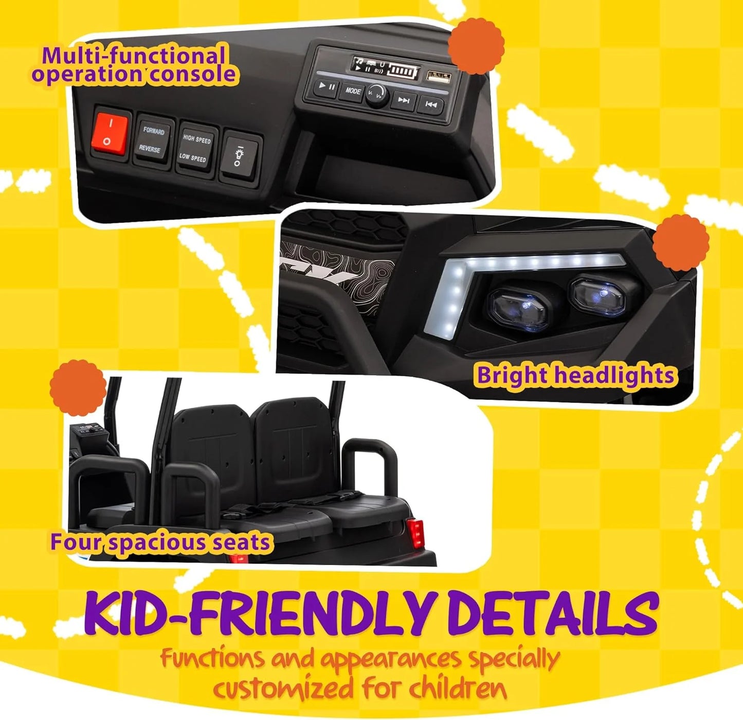 24V 7AH Children's Golf Cart with Remote Control, Removable Awning, 4-Wheel Spring Suspension