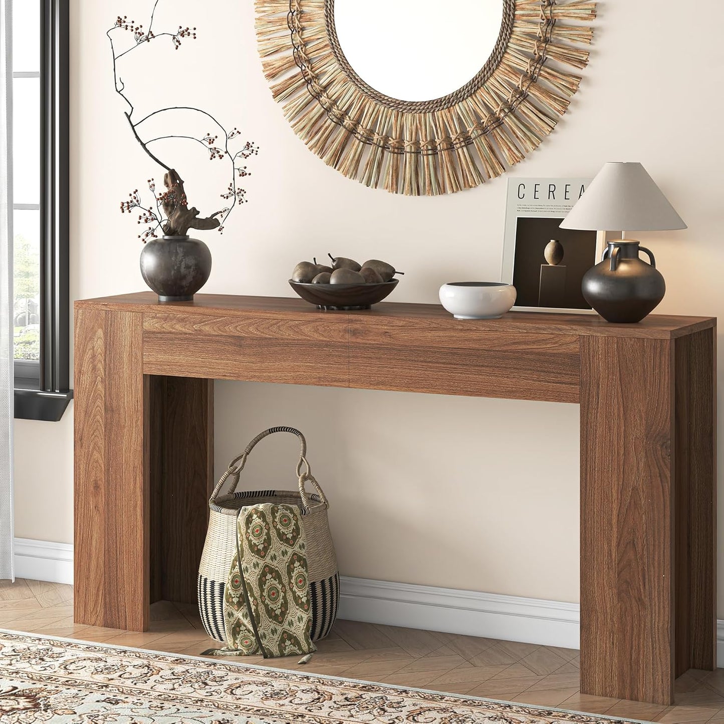 63-Inch Long Console Table with LED Light Farmhouse Sofa Table Behind Couch