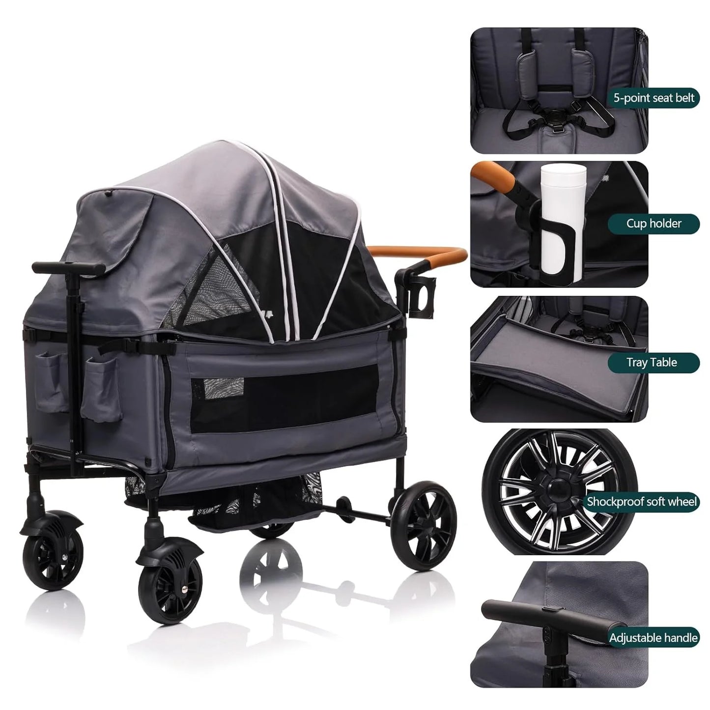 Wagon Stroller for 2 Kids & Cargo-Travel Stroller Push-Pull Double Wagon Lightweight Folding Stroller for Newborn&Toddler with 5-Point Harness,Adjustable Handle Bar and Canopy,Tray Table,Cup Holder