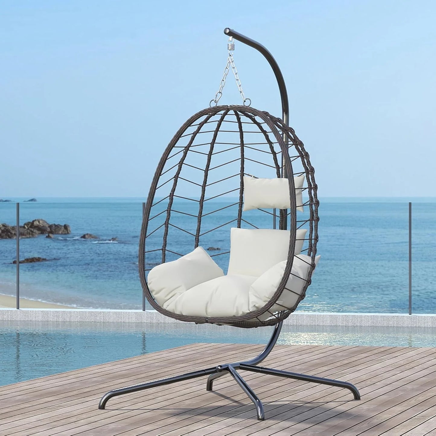 Hanging Egg Chair with Stand, Swinging Egg Chair Outdoor Indoor, Hanging Basket Chair with Cushion, Patio Wicker Hammock Chair 350lbs Capacity for Bedroom, Balcony, Backyard, Garden (Grey)