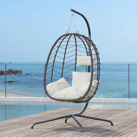 Hanging Egg Chair with Stand, Swinging Egg Chair Outdoor Indoor, Hanging Basket Chair with Cushion, Patio Wicker Hammock Chair 350lbs Capacity for Bedroom, Balcony, Backyard, Garden (Grey)