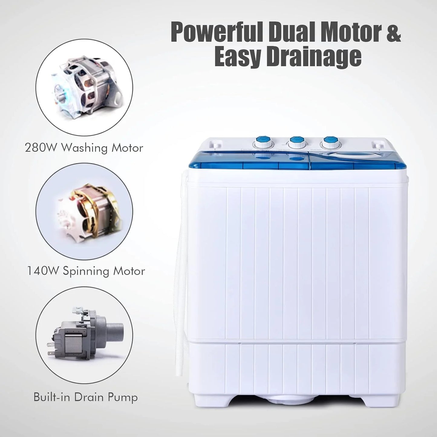 COSTWAY Double Tub 26 lb Capacity Laundry 18 lb 8 lb Spin Combo with Timer Knob Built-in Drain Pump Small Portable Washing Machine