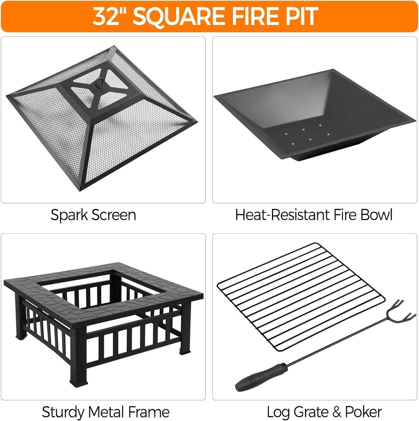 Yaheetech Multifunctional Fire Pit Table 32in Square Metal Firepit Stove Backyard Patio Garden Fireplace for Camping, Outdoor Heating, Bonfire and Picnic