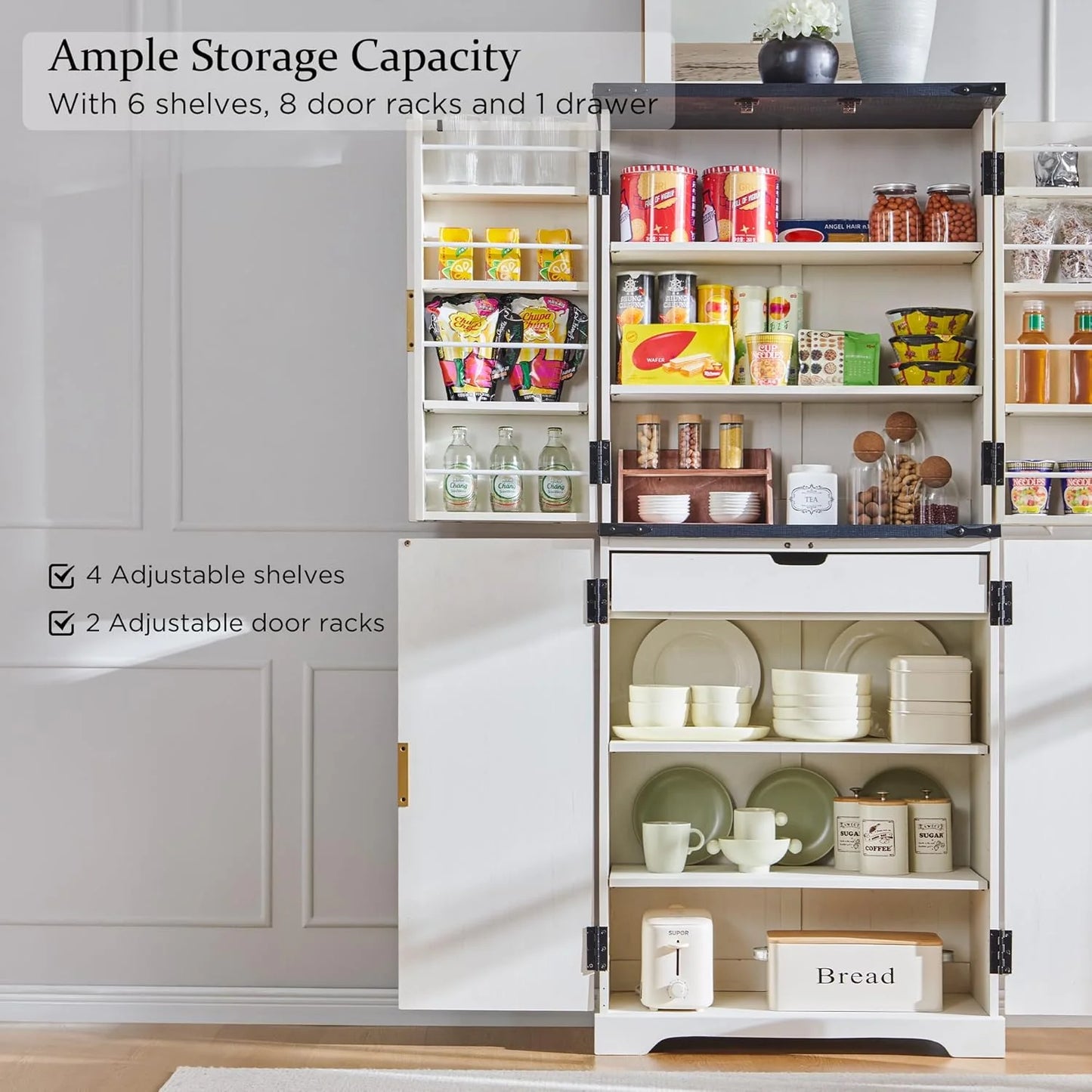 Fluted Pantry Cabinet, 72" Tall Modern Storage Cabinet with 4 Doors, Organizer, Drawer and Adjustable Shelves, Wood Cupboard