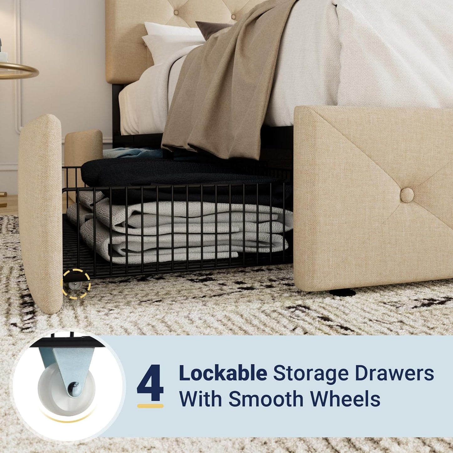 Allewie Upholstered Queen Size Platform Bed Frame with 4 Storage Drawers and Headboard, Square Stitched Button Tufted, Mattress Foundation with Wooden Slats Support, No Box Spring Needed