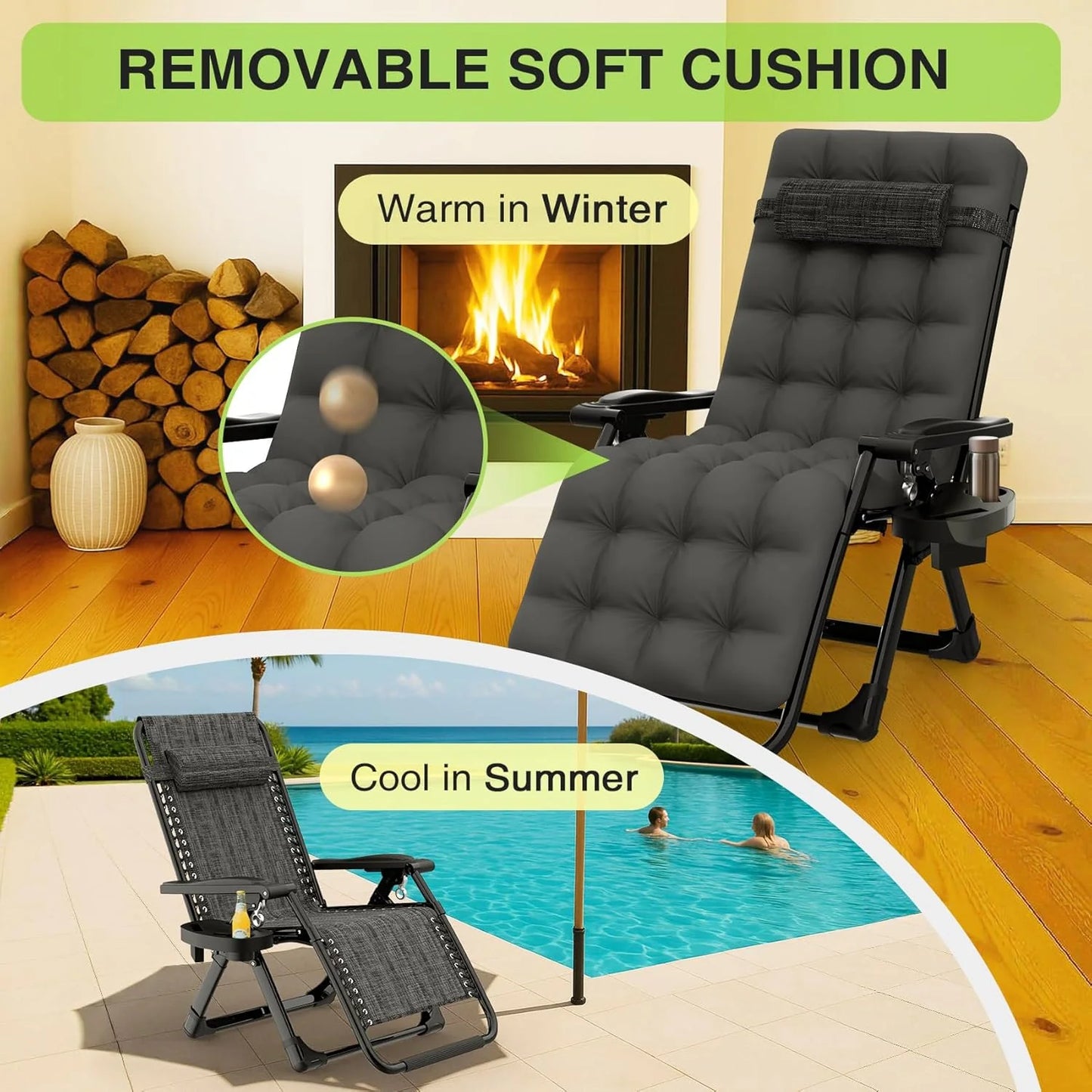 Indoor and outdoor patio chair folding lounge chair zero gravity chair with removable cushion camping lounge chair