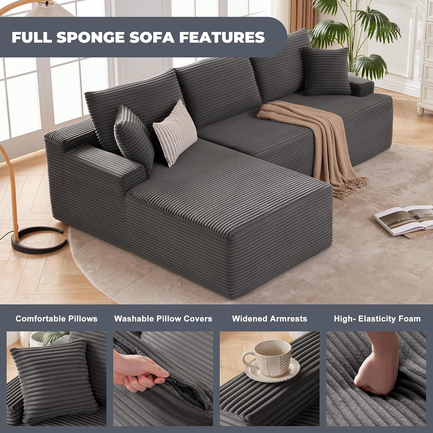 110-inch cloud sofa, boneless sofa in the living room, modular sofa with deep seats