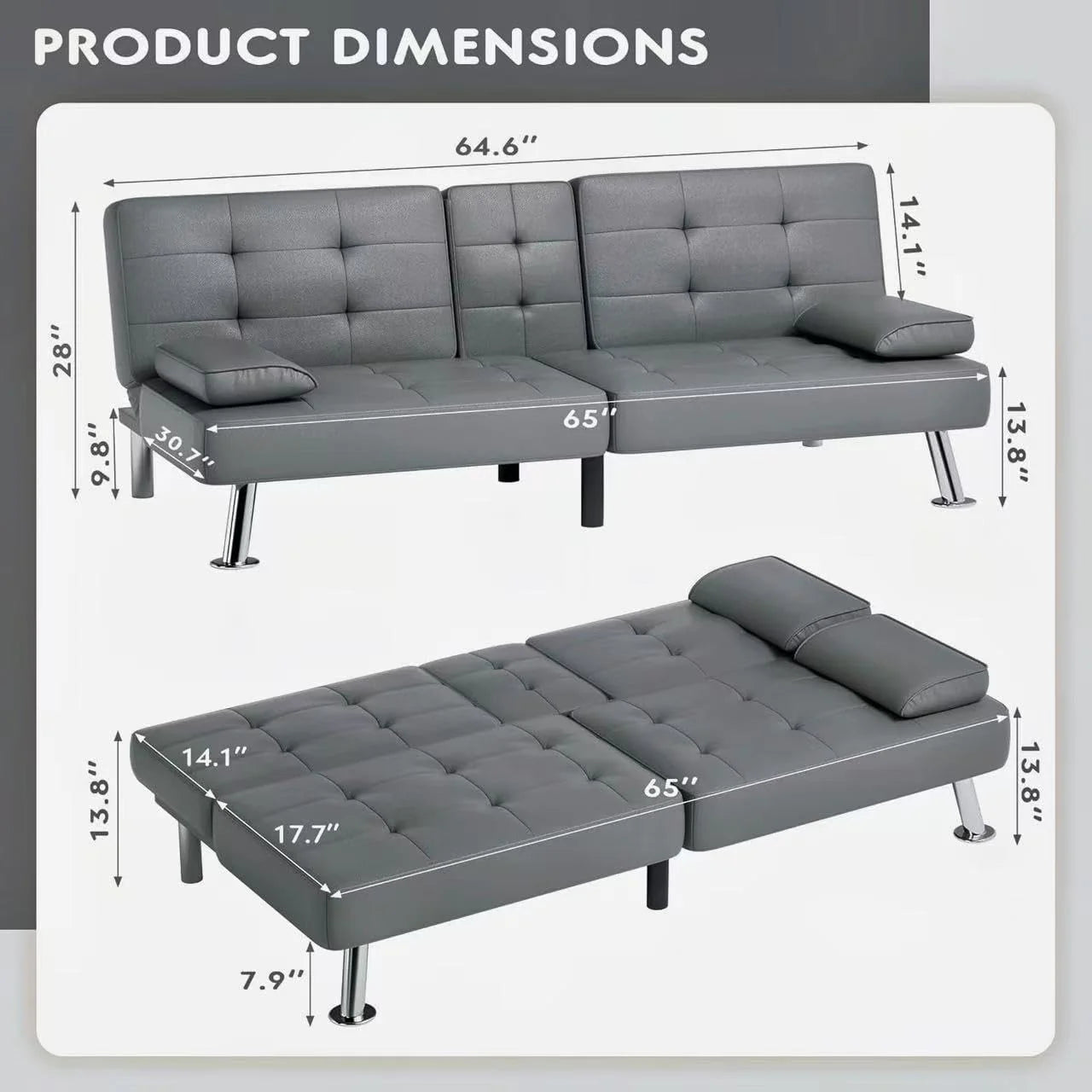 Homall Futon Sofa Bed, Leather Futon Couch with Removable Armrests, Adjustable Recliner Sleeper Sofa Bed with Dual Cup Holders for Living Room, Apartment