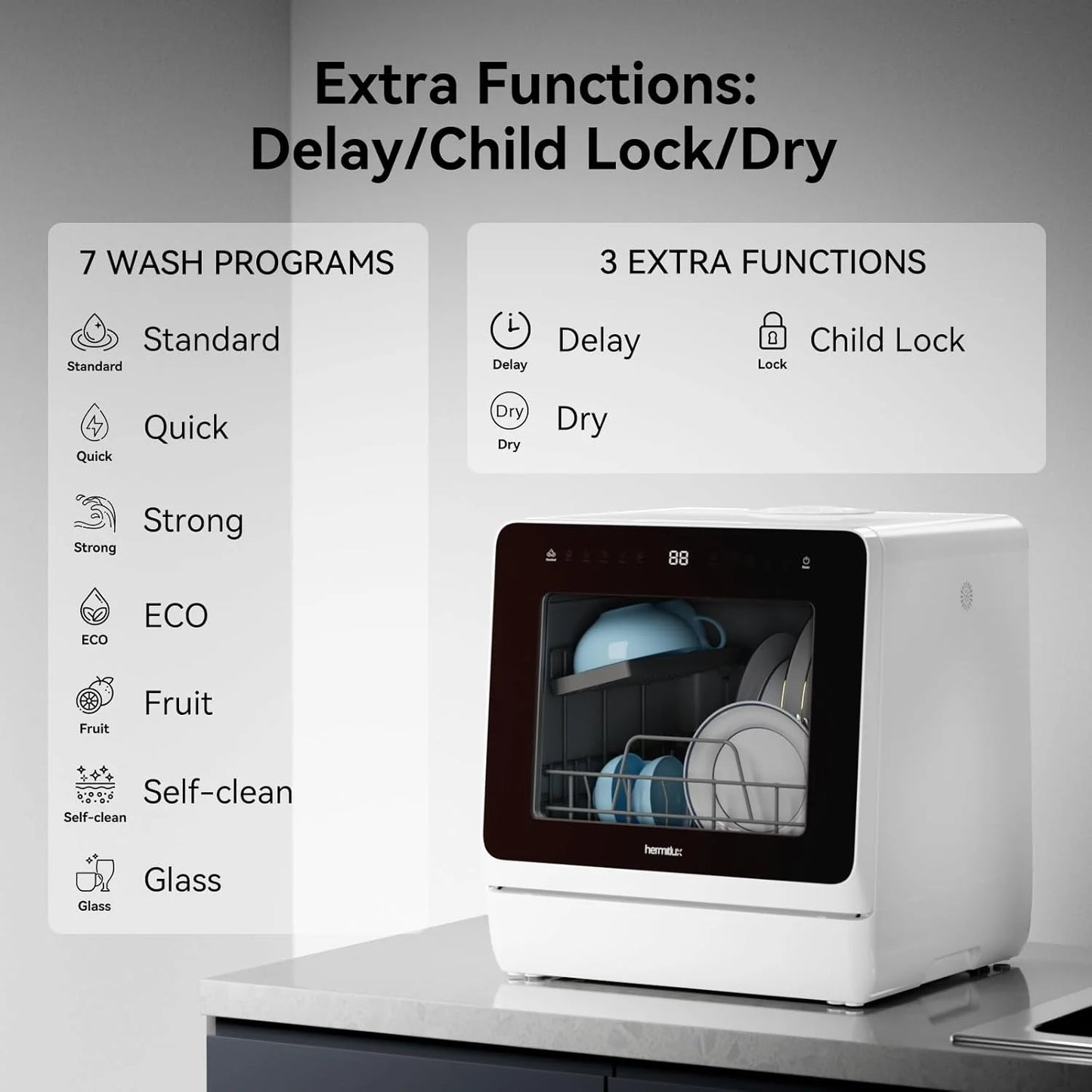 Hermitlux tabletop dishwasher, 7 wash programs, portable mini dishwasher