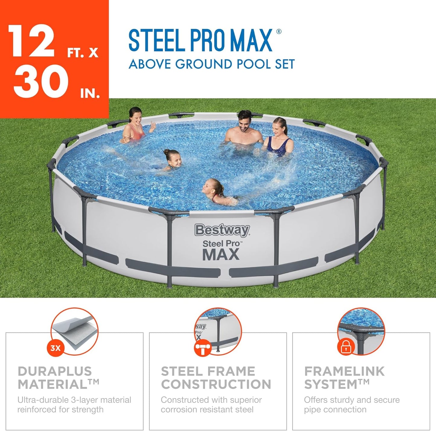 Steel Pro MAX 10 Foot x 30 Inch Round Metal Frame Above Ground Outdoor Backyard Swimming Pool Set with 330 GPH Filter Pump