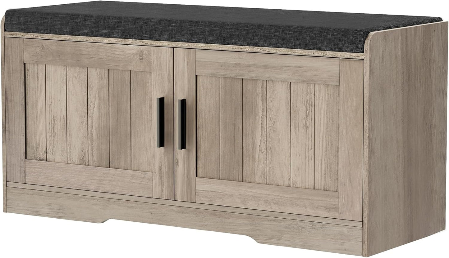 2-Tier Storage Bench, Shoe Bench with Thickened Padded Seat Cushion, Entryway Bench with 4 Doors, Adjustable Shelf