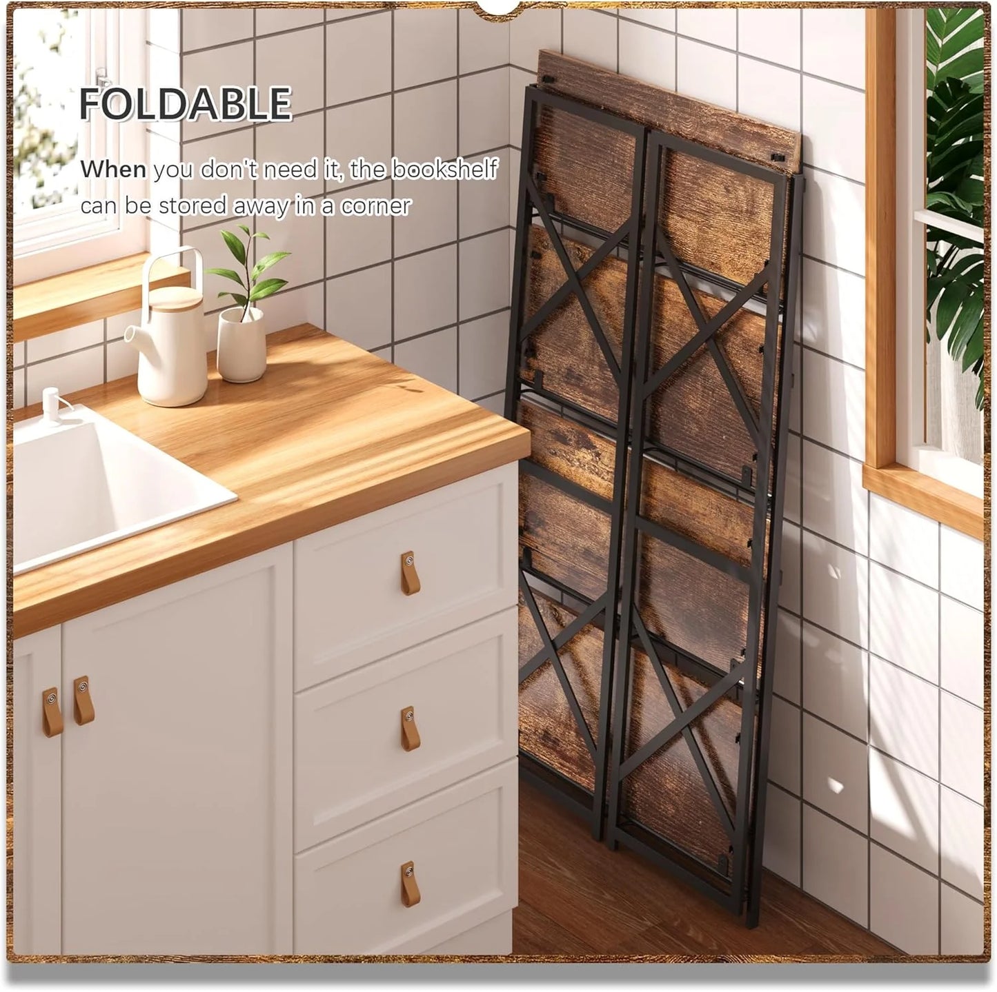 5 Tiers No Assembly Book Shelves 51.2" H Folding Bookshelf Bookcase