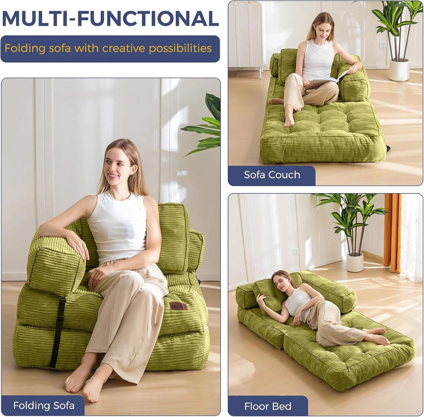 Folding Sofa Bed, L-Shaped Convertible Sofa Bed with Armrests and Pillows,