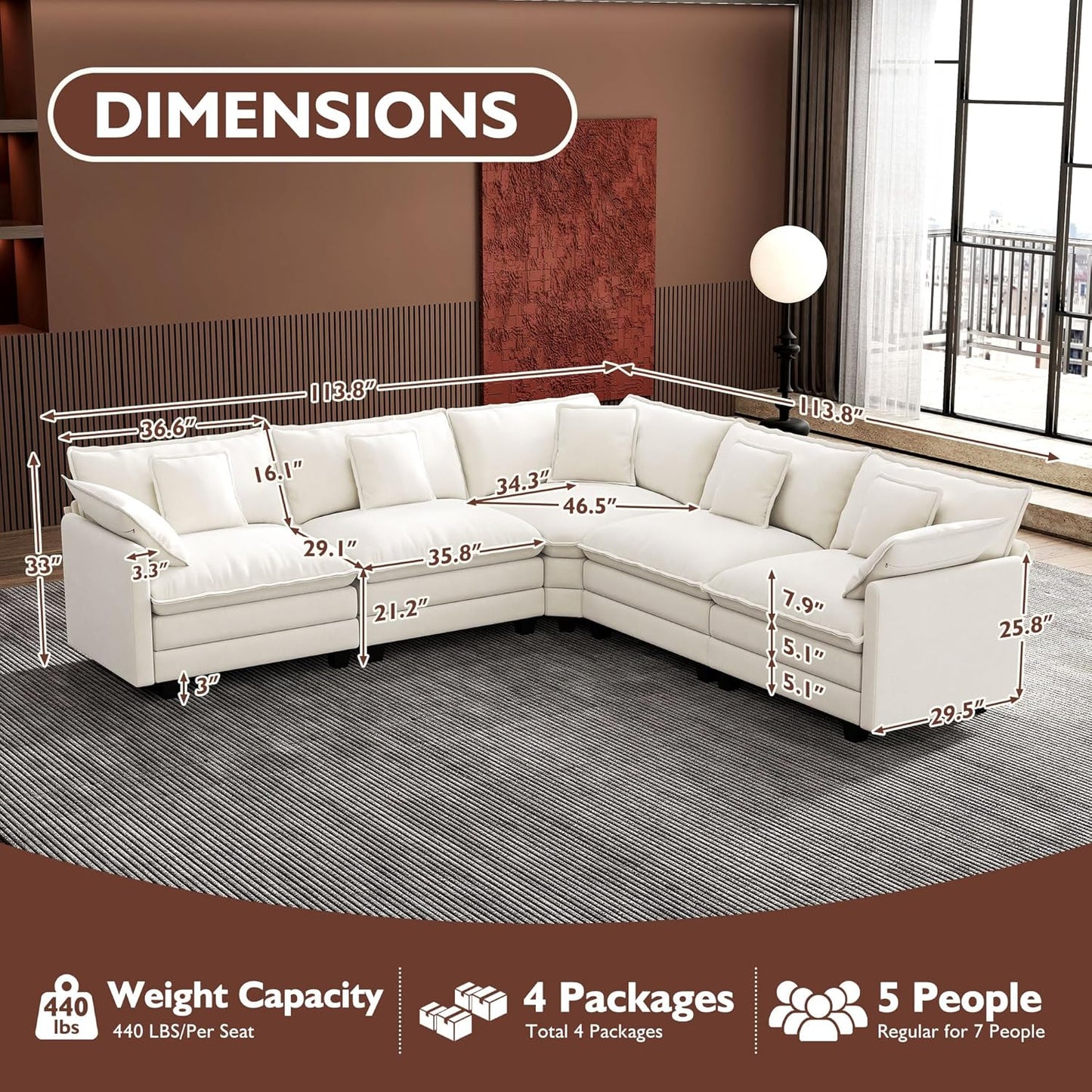 ihanherry 146-inch U-shaped modern sofa modular area cloud sofa