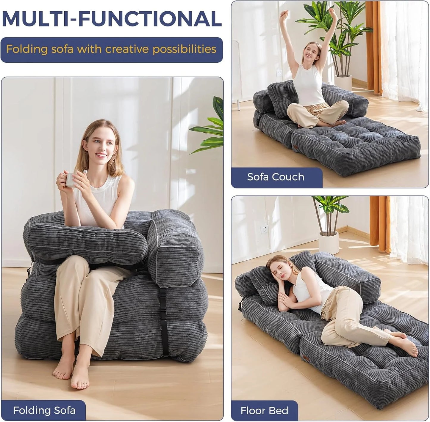 Folding Sofa Bed, L-Shaped Convertible Sofa Bed with Armrests and Pillows,