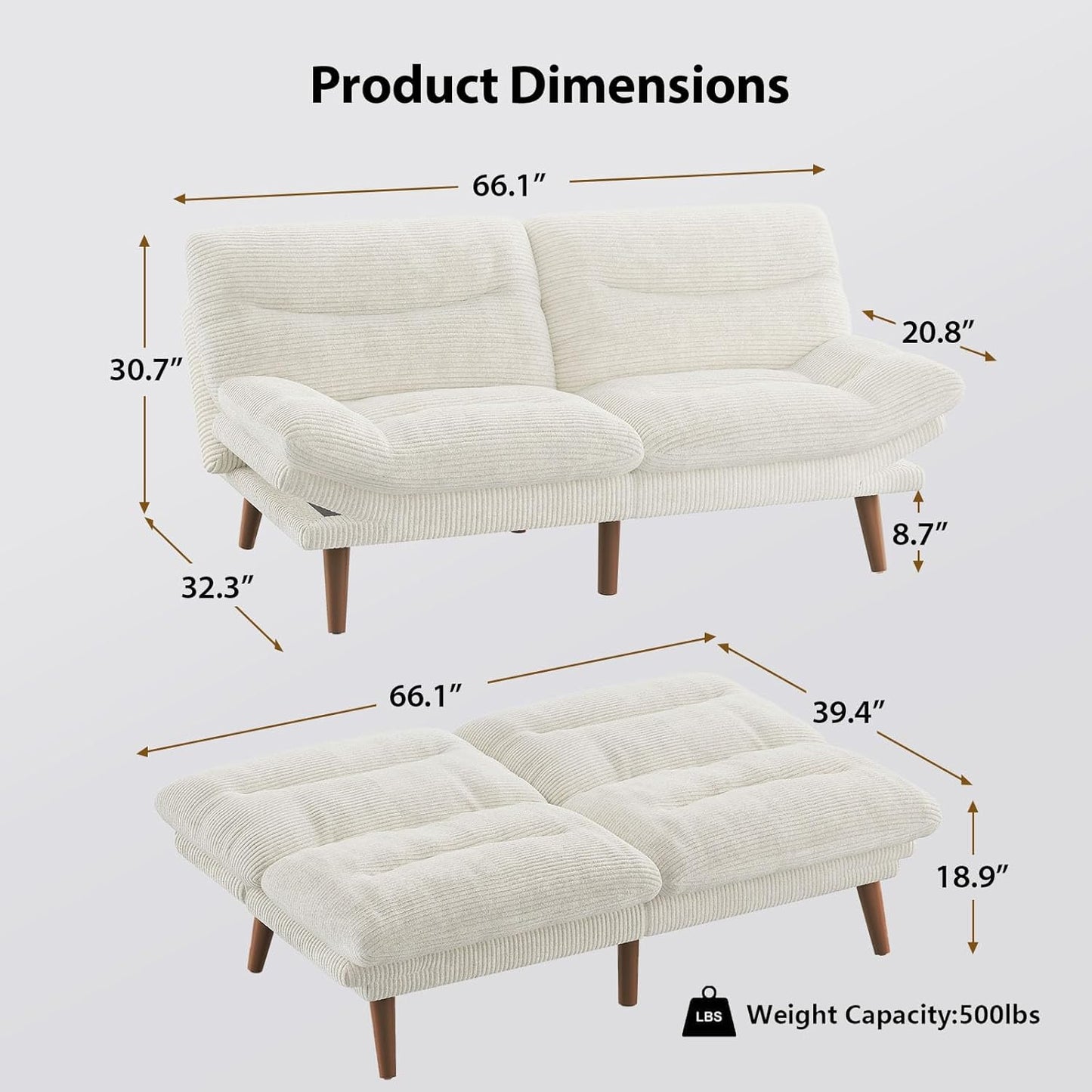 Convertible Futon Sofa Bed, 66 Inch Corduroy Futon Sofa Recliner Sofa Bed for Small Spaces, Playrooms or Offices