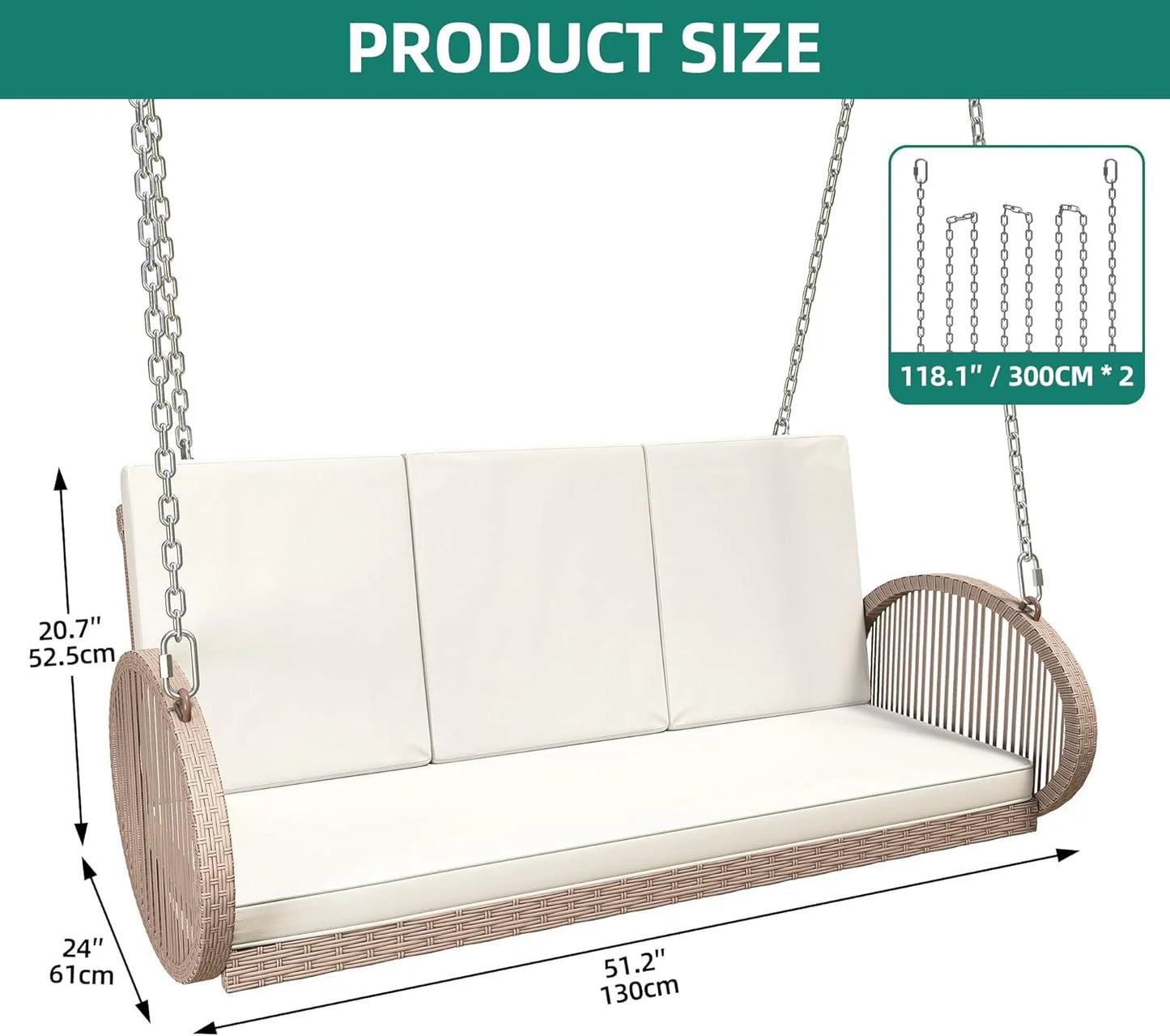 YITAHOME Hanging Porch Swing Chair Sits 3 People, Wicker Outdoor Swing Bench, Patio Lounge Chair, 1 Seating Cushion and 3 Back Cushions, w/Removable Covers, for Garden, Balcony, Backyard, Brown