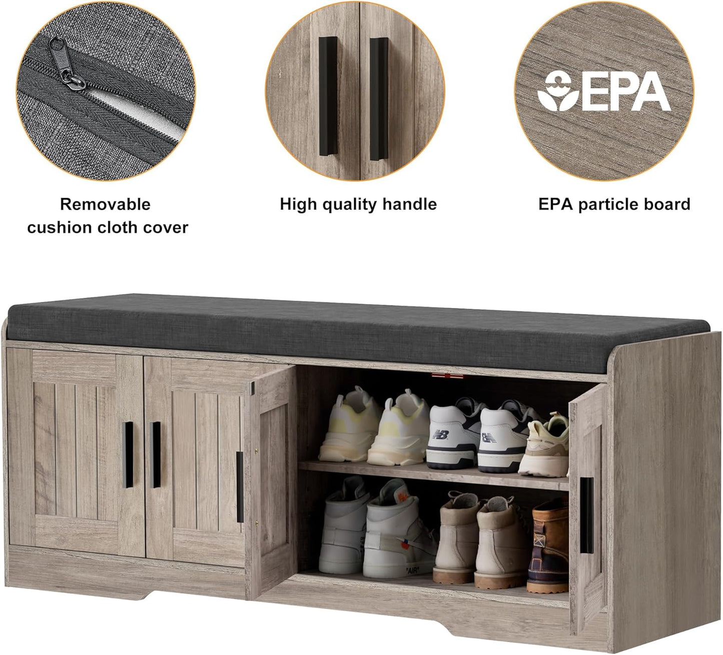 2-Tier Storage Bench, Shoe Bench with Thickened Padded Seat Cushion, Entryway Bench with 4 Doors, Adjustable Shelf