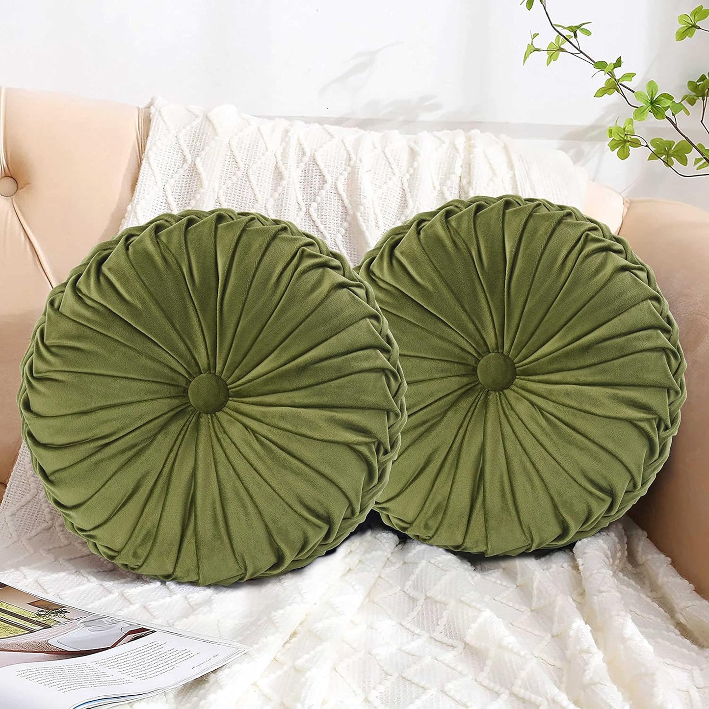 Set of 2 Decorative Round Pleated Throw Pillows