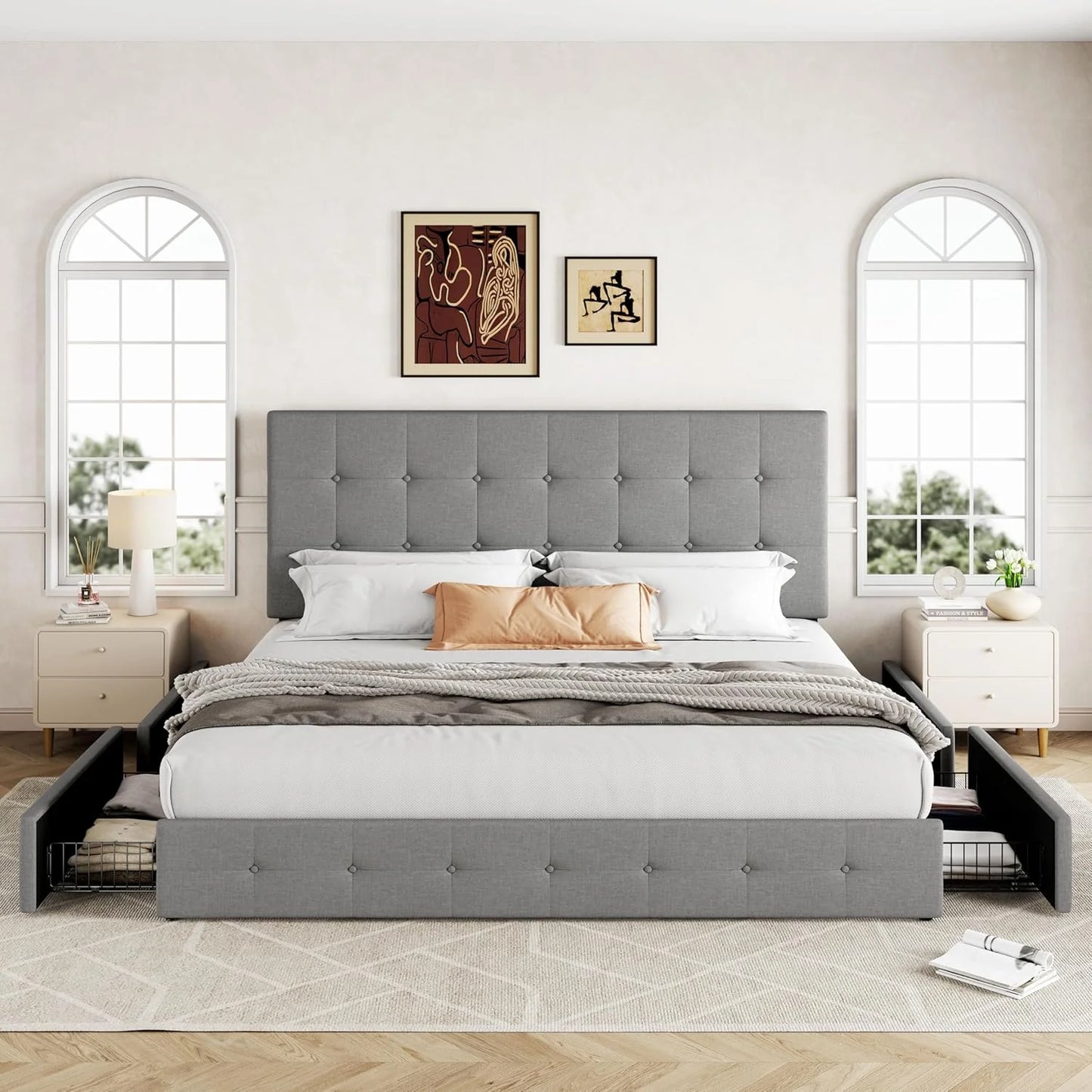 Allewie Upholstered Queen Size Platform Bed Frame with 4 Storage Drawers and Headboard, Square Stitched Button Tufted, Mattress Foundation with Wooden Slats Support, No Box Spring Needed