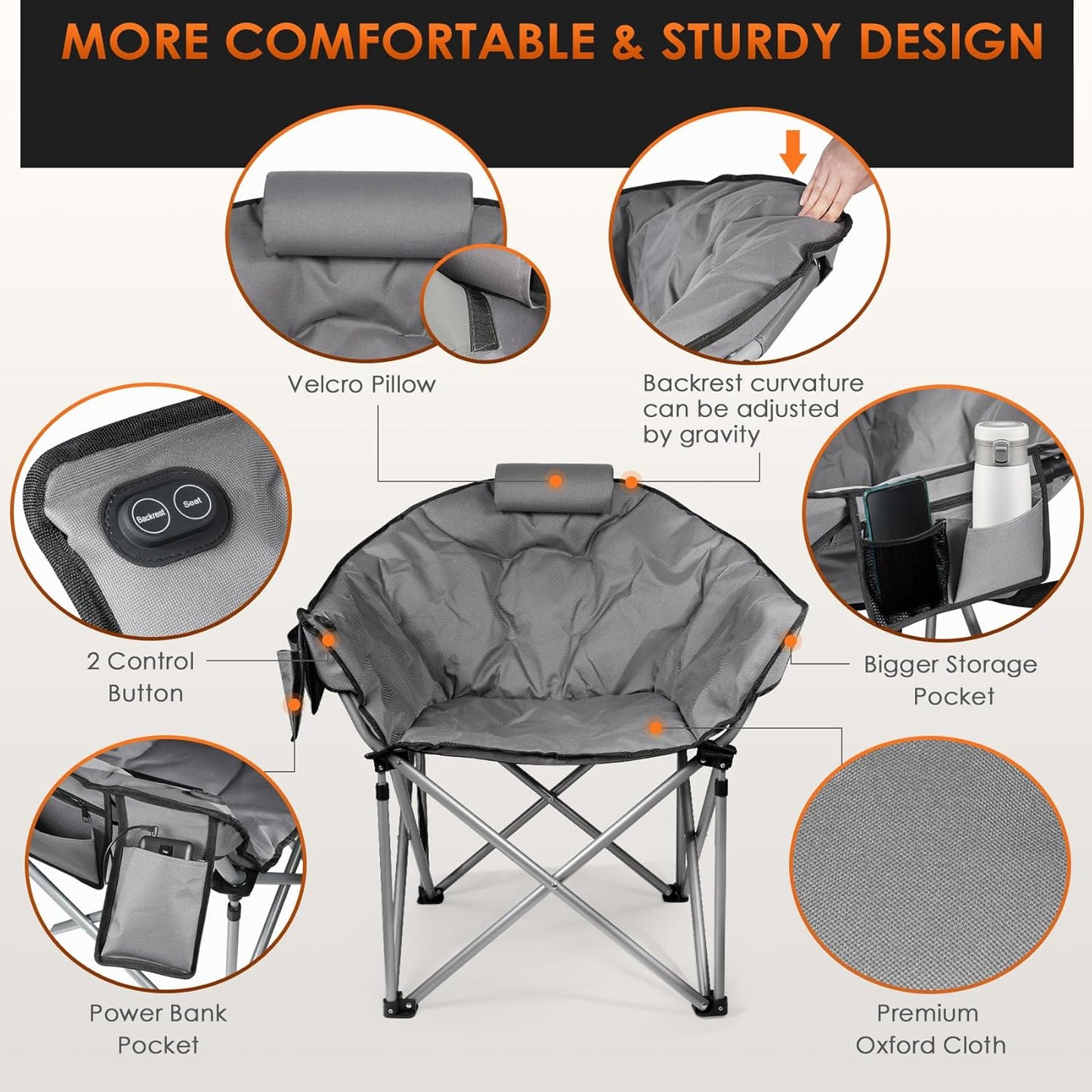 Heated Camping Chair, Extra Large Heated Chair Outdoor Sports Chair with 3 Heat Levels on Back and Seat, Portable Folding Heated Outdoor Chair (Batteries Not Included)