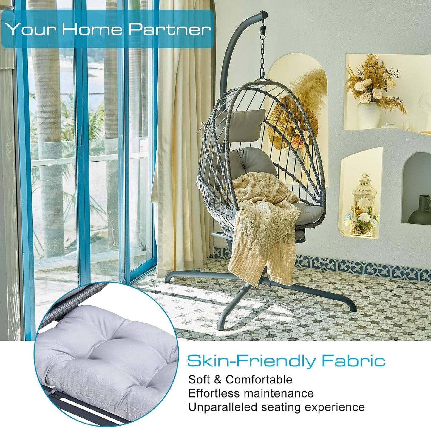 Hanging Egg Chair with Stand and Leg Rest – Rattan Wicker Swing Hammock Chair, UV-Resistant Cushion, Heavy-Duty Frame for Indoor & Outdoor Patio, Bedroom, Balcony, Garden – 330 lbs Capacity.