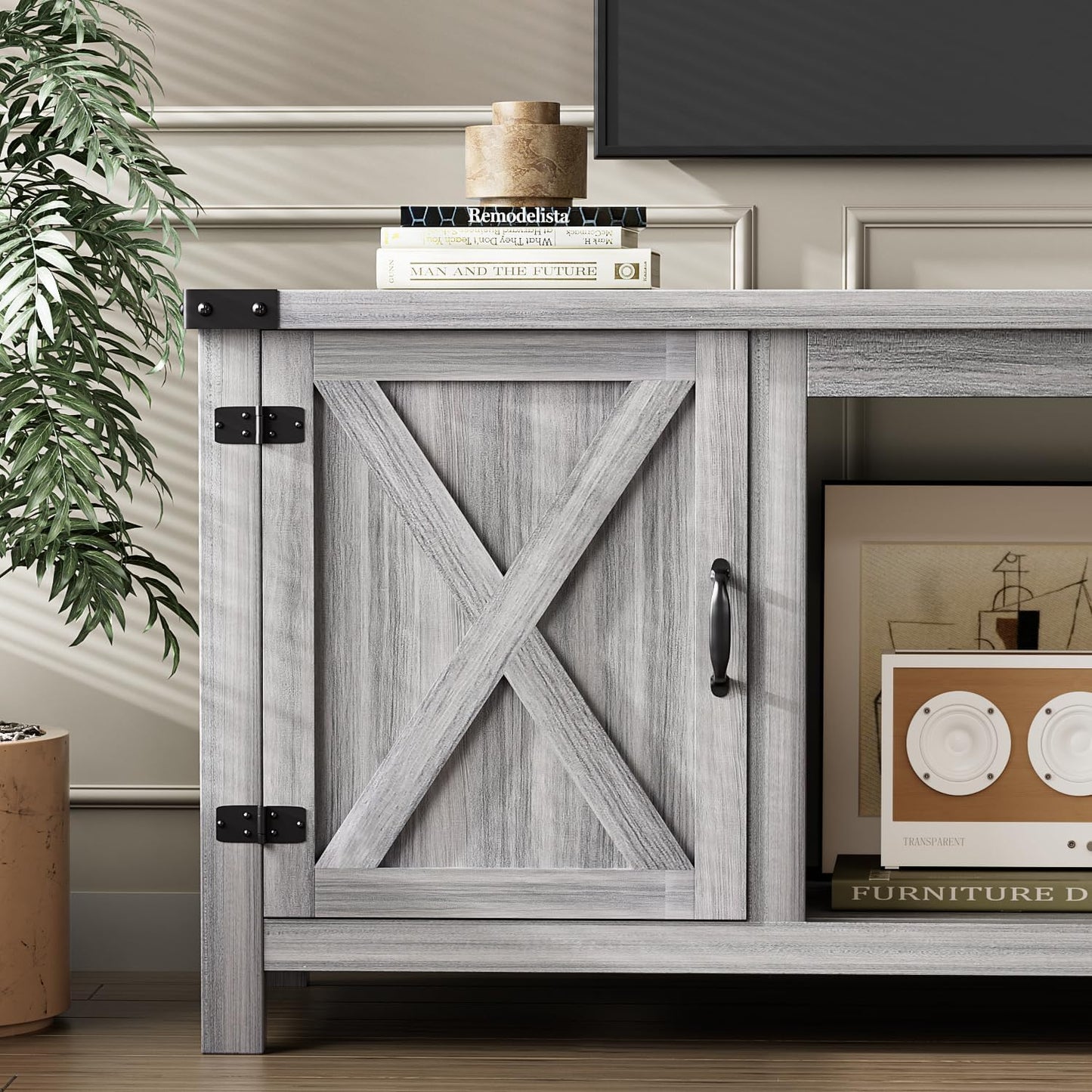 YESHOMY Fireplace TV Stand with Two Barn Doors and Storage Cabinets for Televisions up to 65+ Inch, Entertainment Center Console Table, Media Furniture for Living Room, 58 Inch