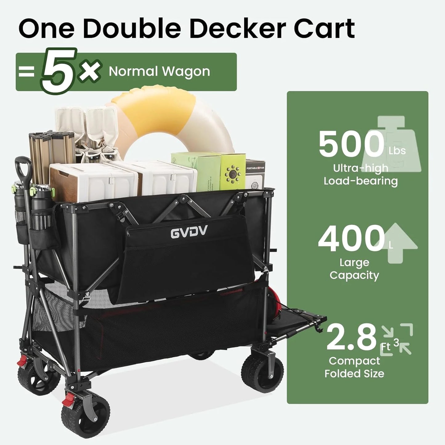 Double-decker cart, 500 lb capacity, 400 liter foldable cart, all-terrain wheels, 46" extra-long extension cart, foldable cart