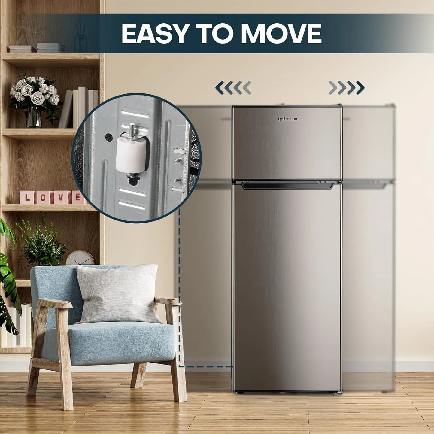 Upstreman 7.7 Cu.Ft. Refrigerator with Freezer, Double Door, Adjustable Thermostat, Large Capacity, Reversible Door Swing, Refrigerator for Apartment, Office, Dorm, Stainless (BD75)