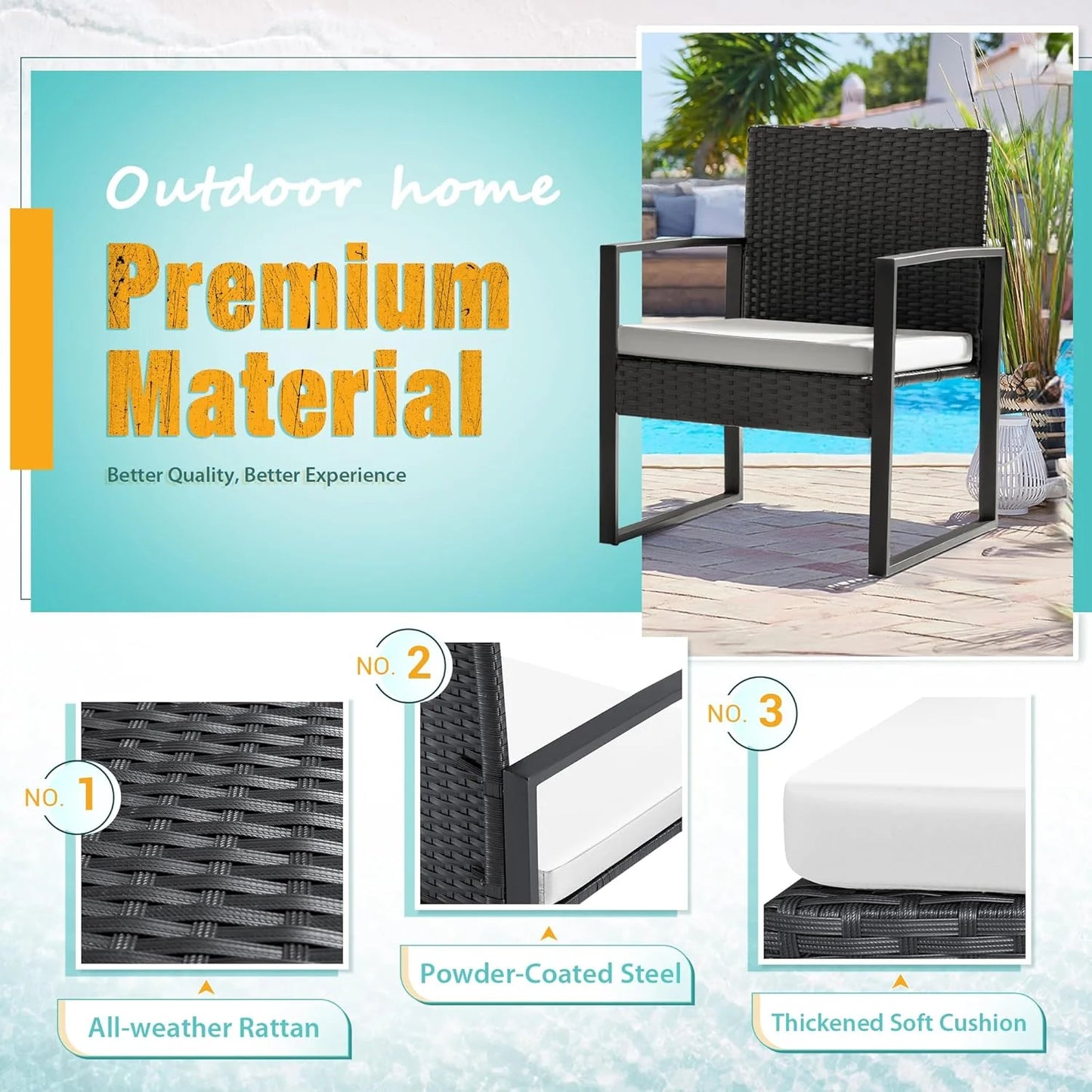 Flamaker 3 Pieces Patio Set Outdoor Wicker Furniture Sets Modern Rattan Chair Conversation Sets with Coffee Table for Yard and Bistro (Black)