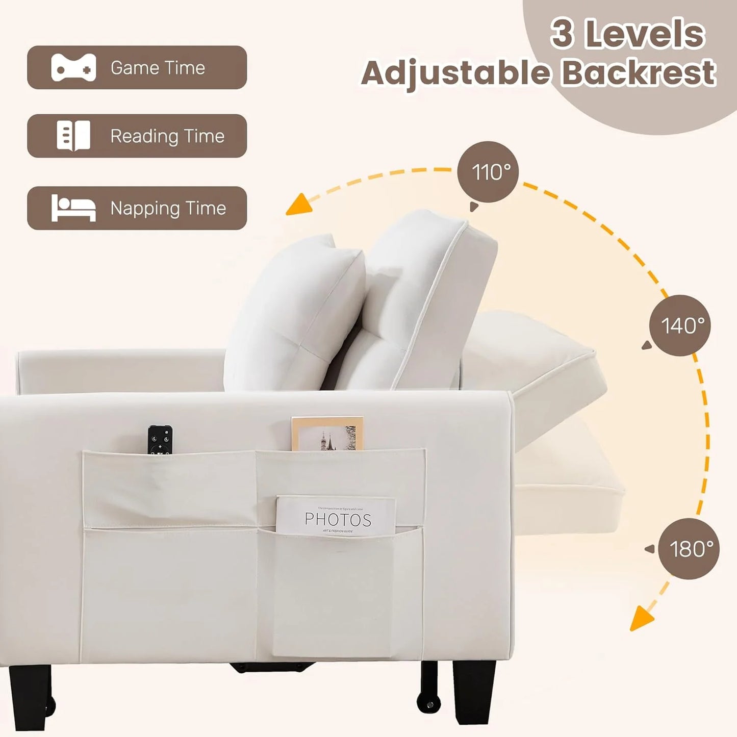 Convertible Sleeper Chair, 3 in 1 Sleeper Chair Bed Pull Out Sofa Bed Chairs, Velvet Single Sofa with Adjustable Backrest