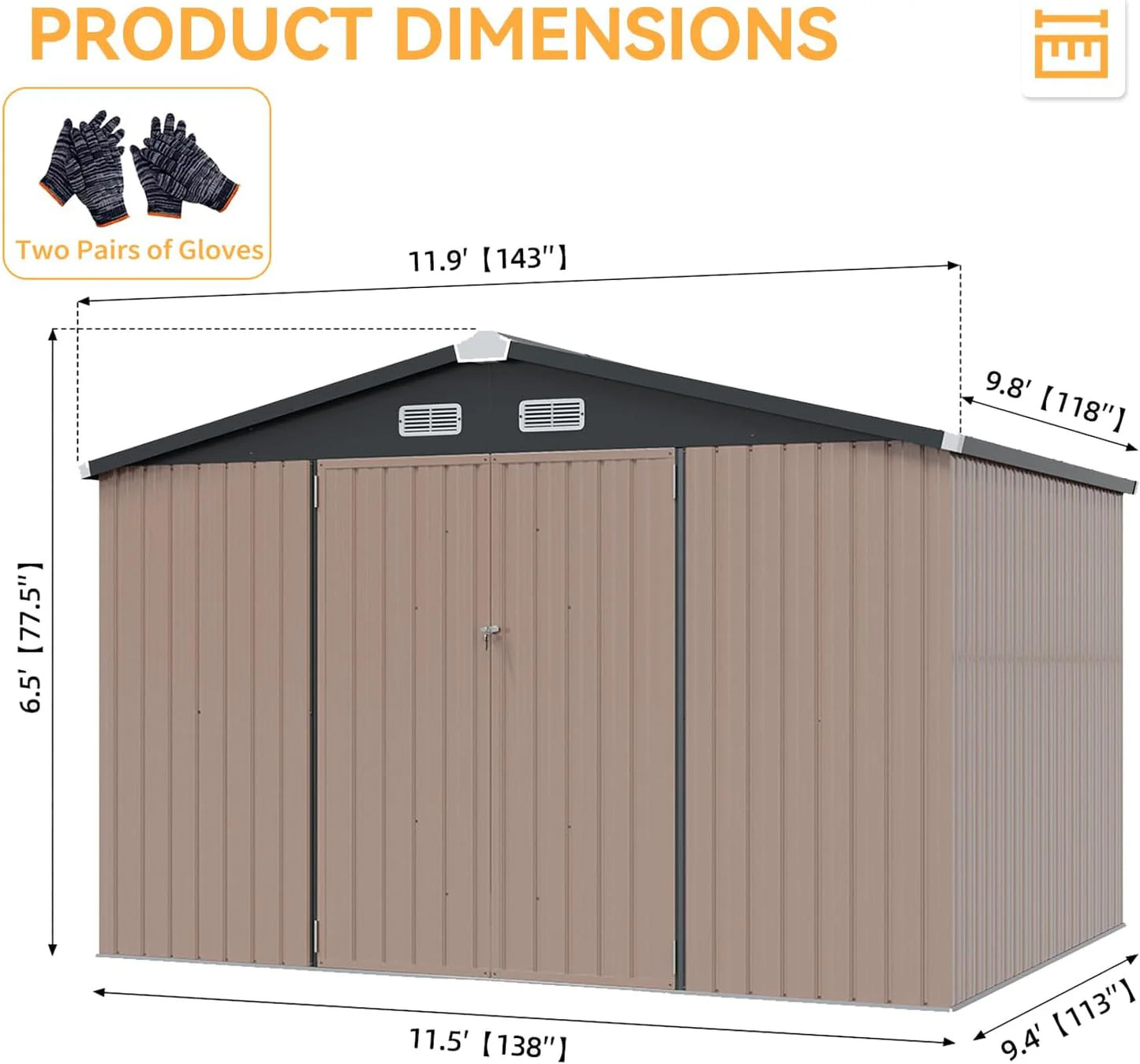 Aoxun 12x10 FT Shed Metal Outdoor Waterproof Storage Shed Steel Utility Garden Tool Shed with Door & Lock Outdoor Storage for Garden Patio Lawn Poolside, Brown