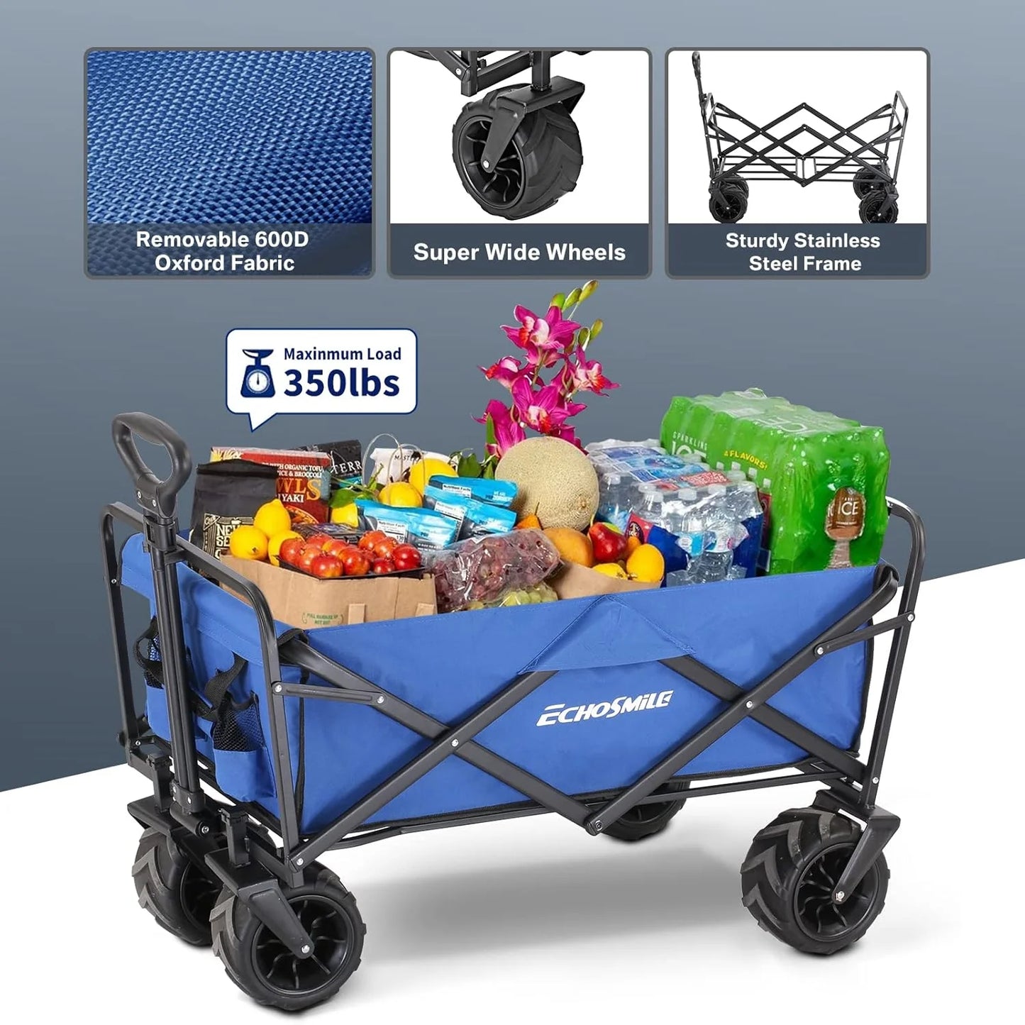 Heavy Duty 350 lb Capacity Foldable Caravan, Outdoor Folding Camping Caravan, Portable Grocery Cart, Adjustable Rolling Cart