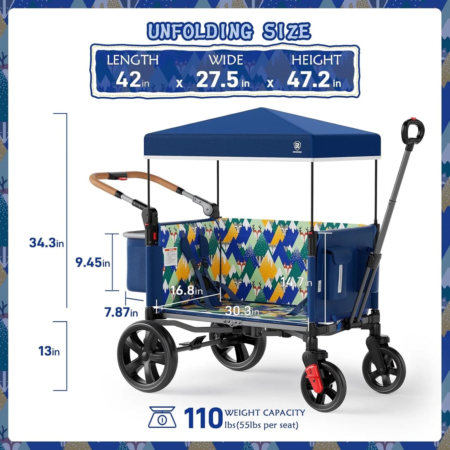 EVER ADVANCED Side-unzip Wagon Stroller for 2 Kids, Push Pull Stroller with Adjustable Handle, Easy Access Front Zipper Door, 5-Point Harness Removable UV-Protection Canopy Shock-Absorbing Wheels,Grey