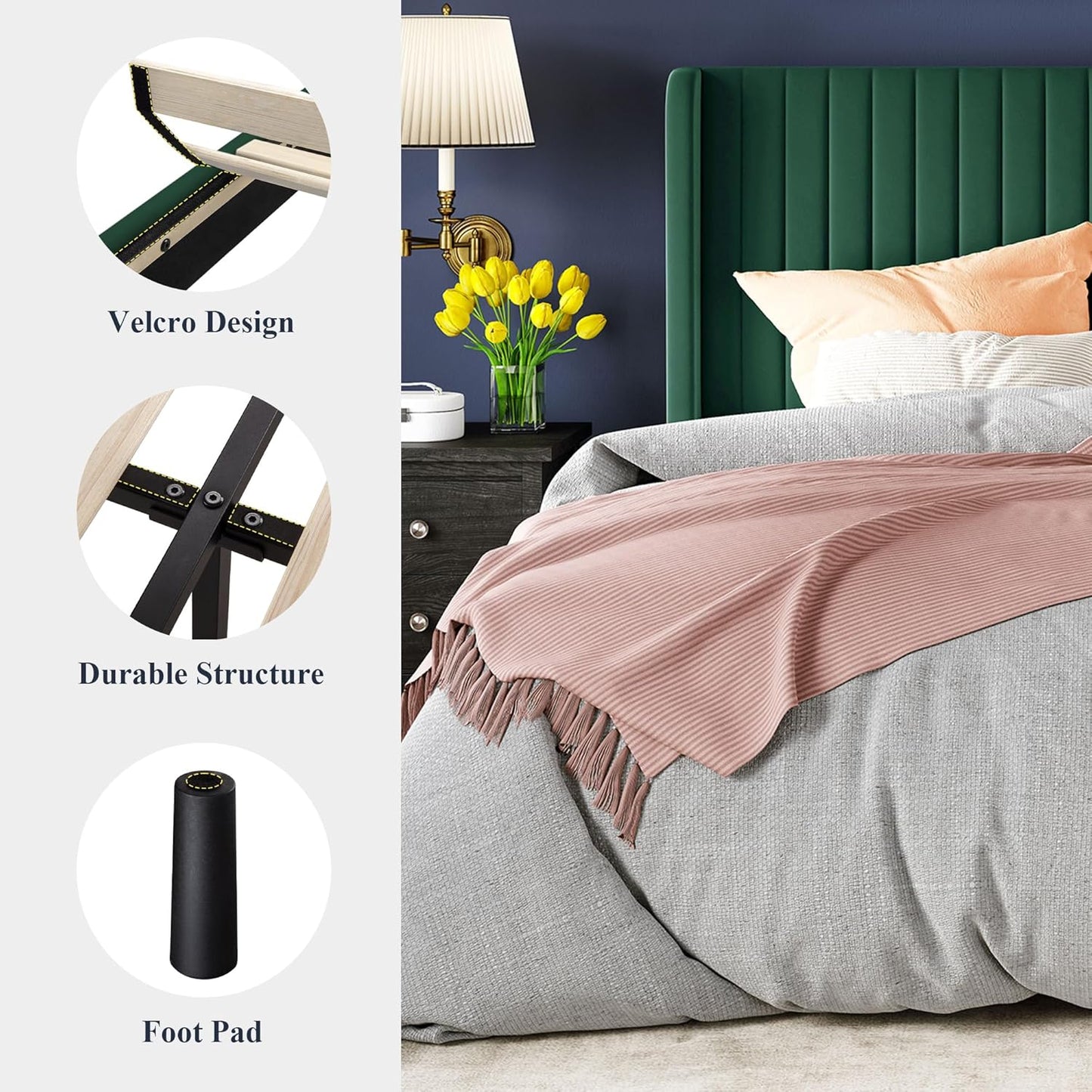 Allewie Full Size Velvet Bed Frame/Vertical Channel Tufted Wingback Headboard/Upholstered Platform Bed/Strong Wooden Slats/No Box Spring Needed/Easy Assembly/White