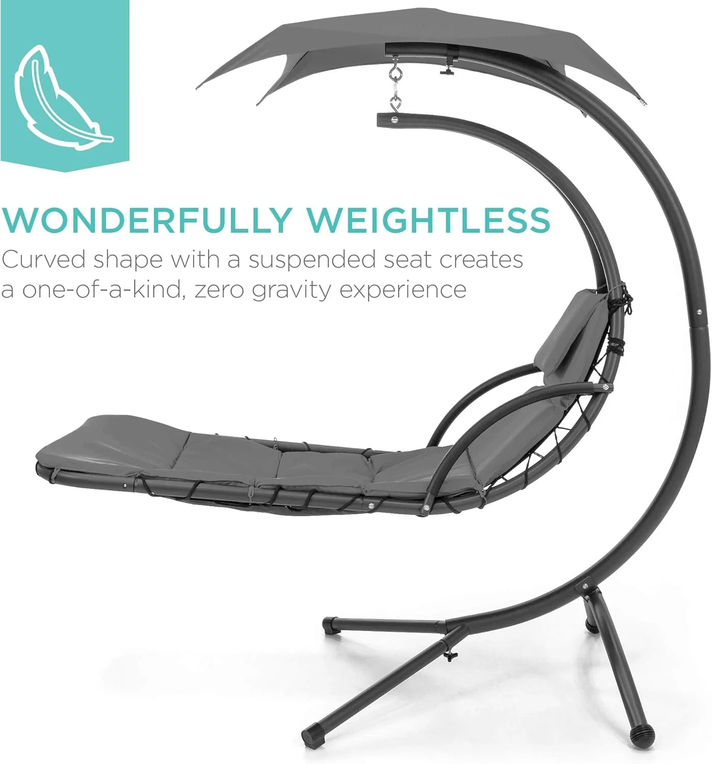 Best Choice Products Outdoor Hanging Curved Steel Chaise Lounge Chair Swing w/Built-in Pillow and Removable Canopy - Teal