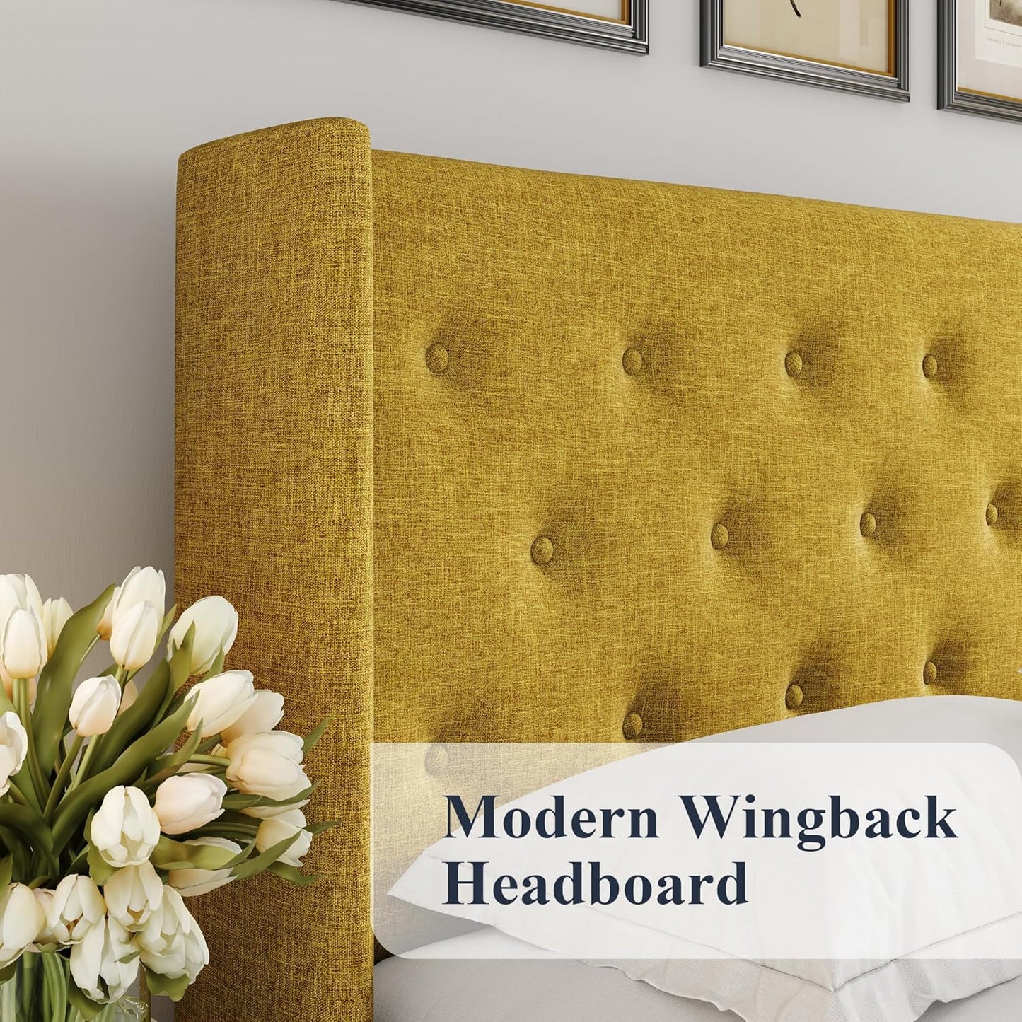 Allewie Queen Size Lift Up Storage Bed, Modern Wingback Headboard, Hydraulic Support, No Box Spring Needed, Light Beige