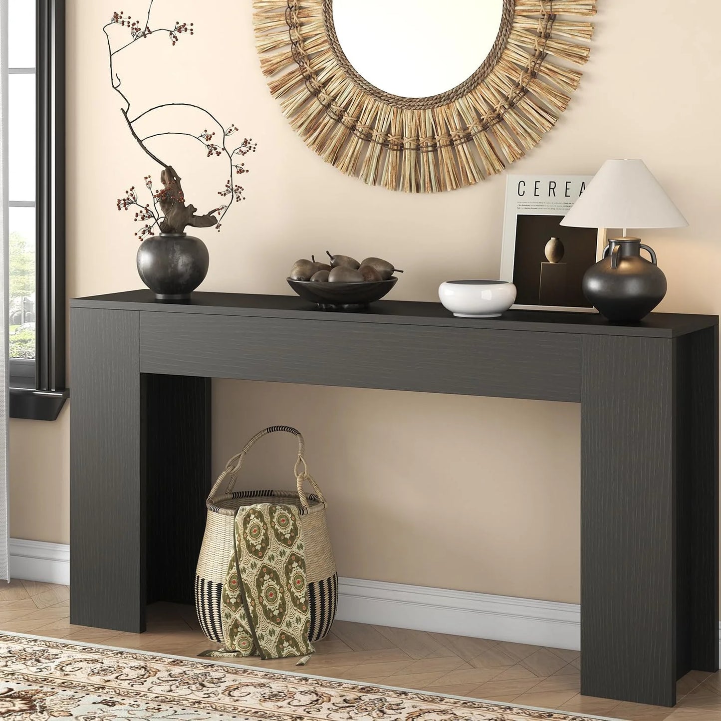 63-Inch Long Console Table with LED Light Farmhouse Sofa Table Behind Couch
