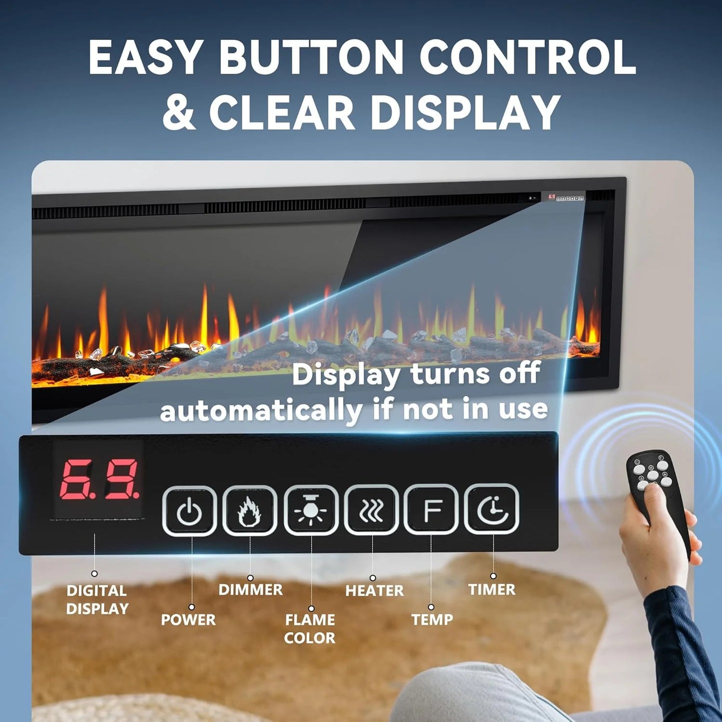 EUHOMY 50 Inch Electric Fireplace Wall Recessed and Wall Mounted with Adjustable Flame Color, Fireplace Heater with Remote Control, Linear Fireplace with Timer, Touch Screen, Log & Crystal, 750/1500W