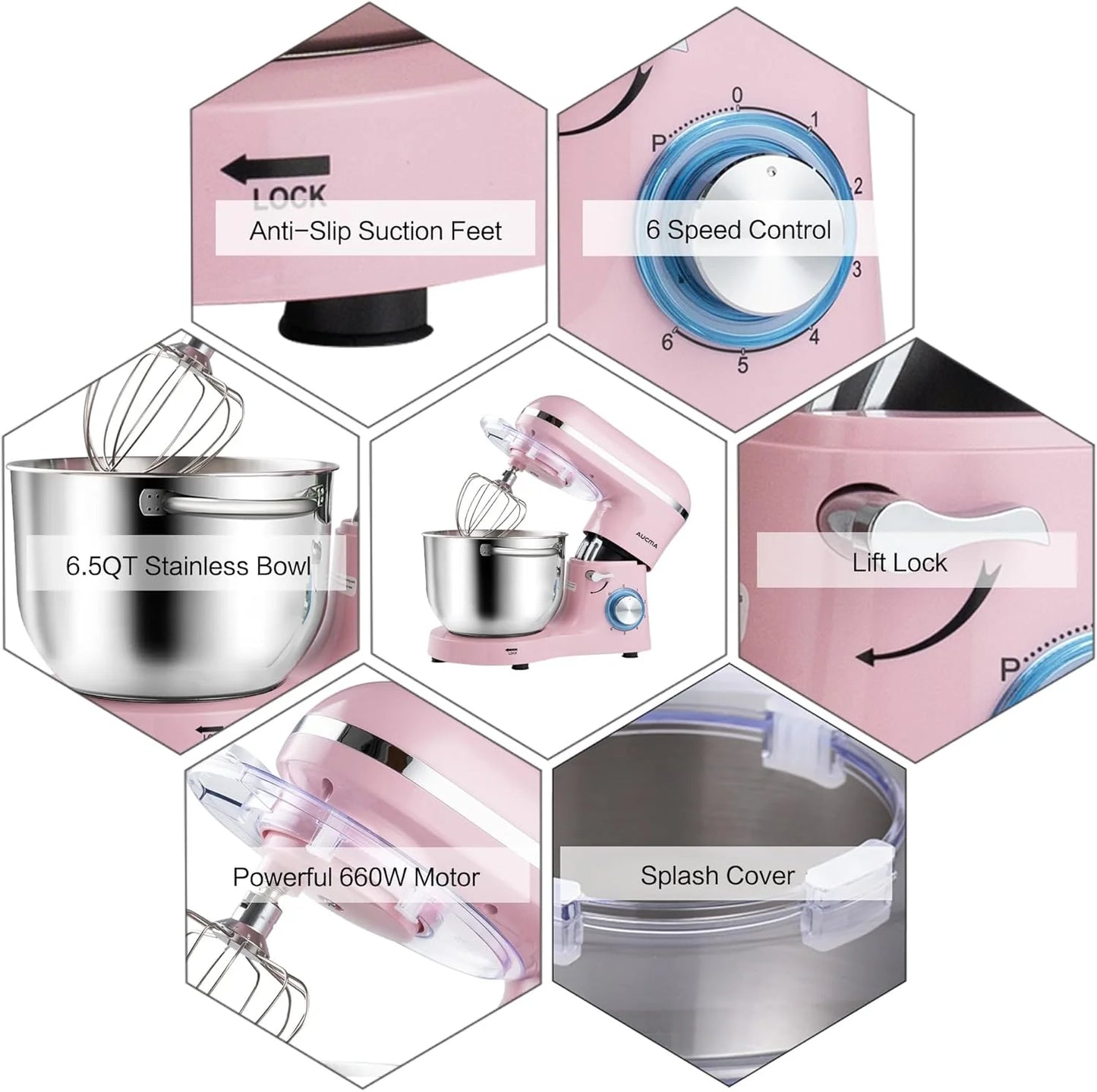 Aucma Stand Mixer,6.5-QT 660W 6-Speed Tilt-Head Food Mixer, Kitchen Electric Mixer with Dough Hook