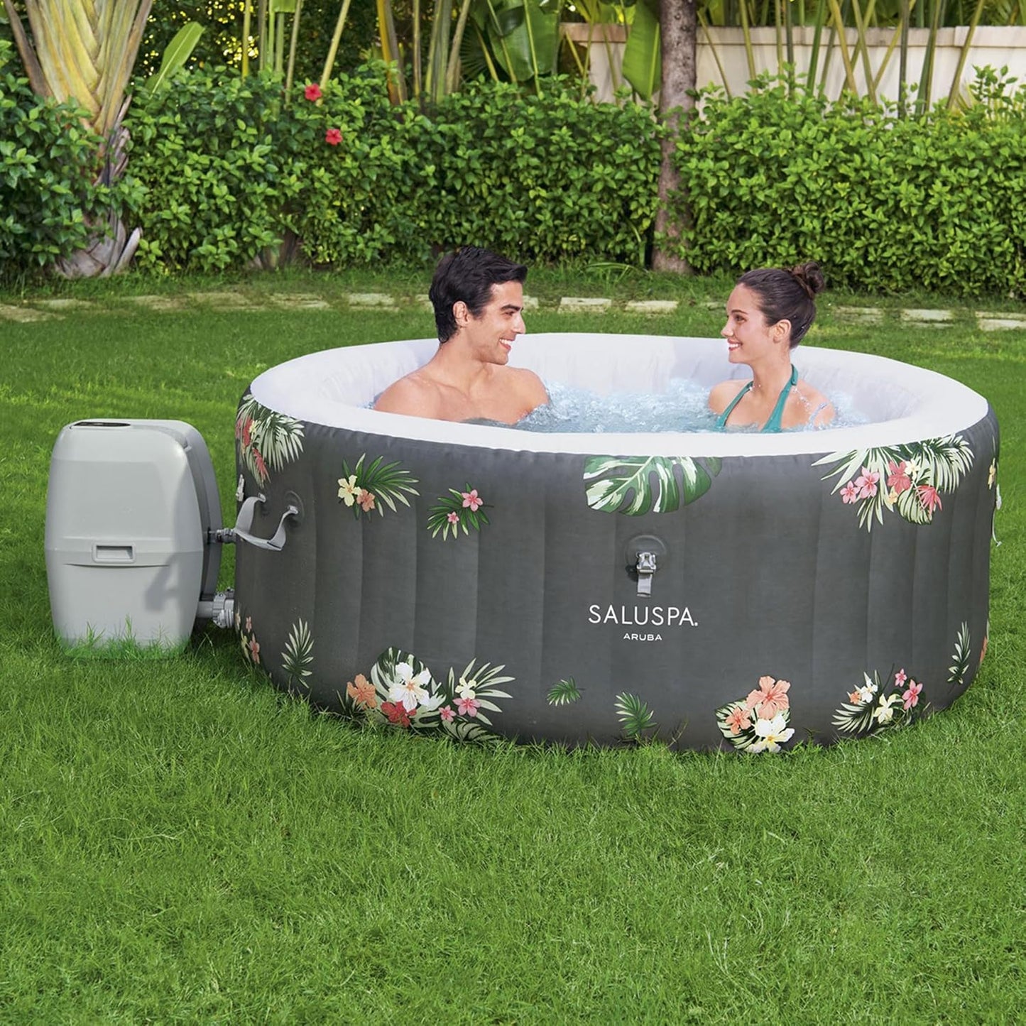 SaluSpa Aruba AirJet Large Round 2 to 3 Person Inflatable Hot Tub Portable Outdoor Spa with 110 AirJets and EnergySense Cover, Grey