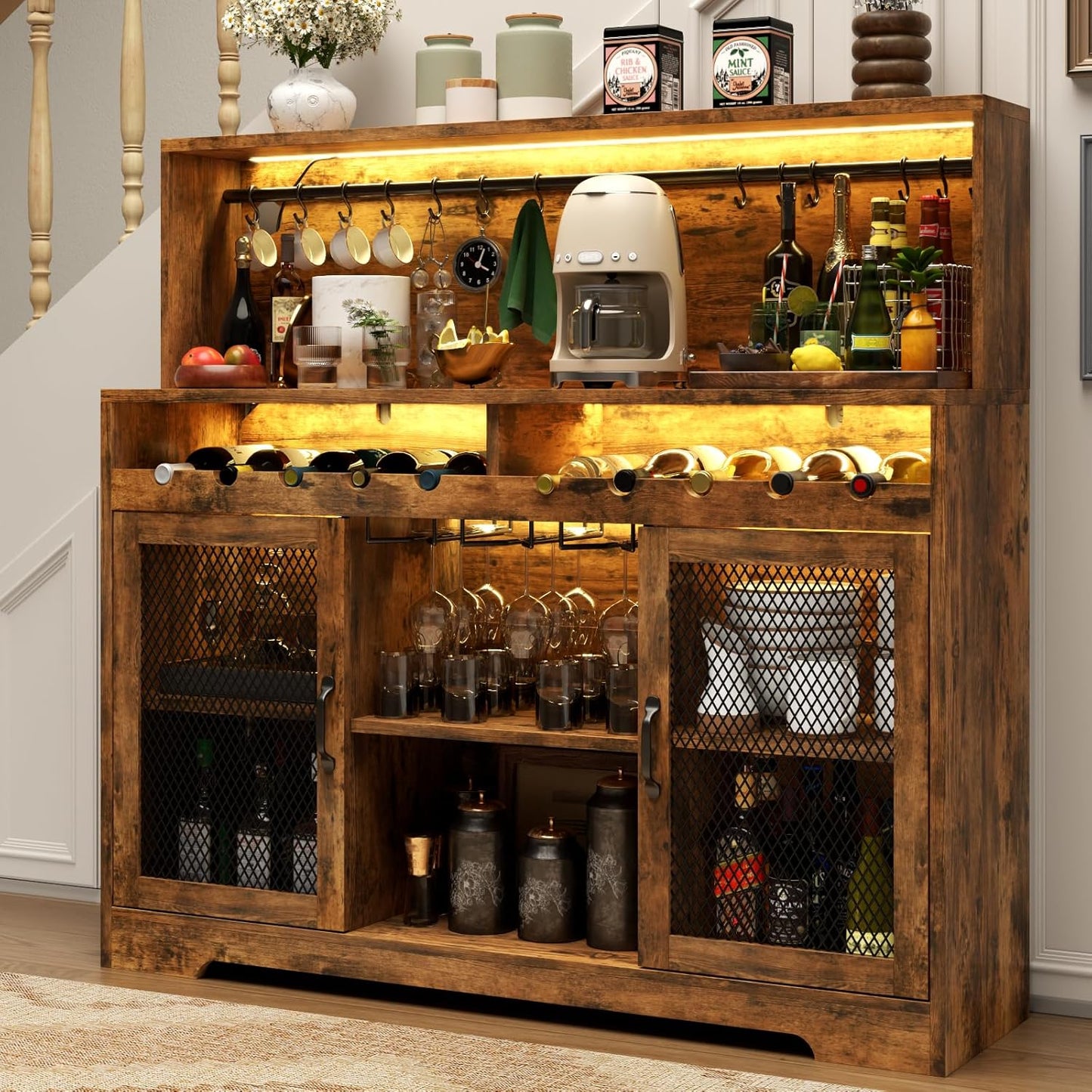 Wine Bar Cabinet with LED Light, Liquor Cabinet with Glass Holder, Coffee Bar for Liquor, Storage Buffet with Wine Racks, Wine Cabinet