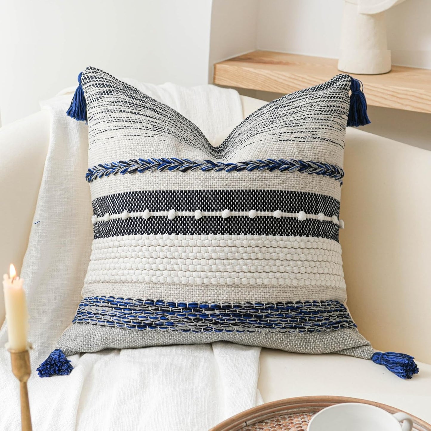 Blue Boho Decorative Throw Pillow Cover 20x20