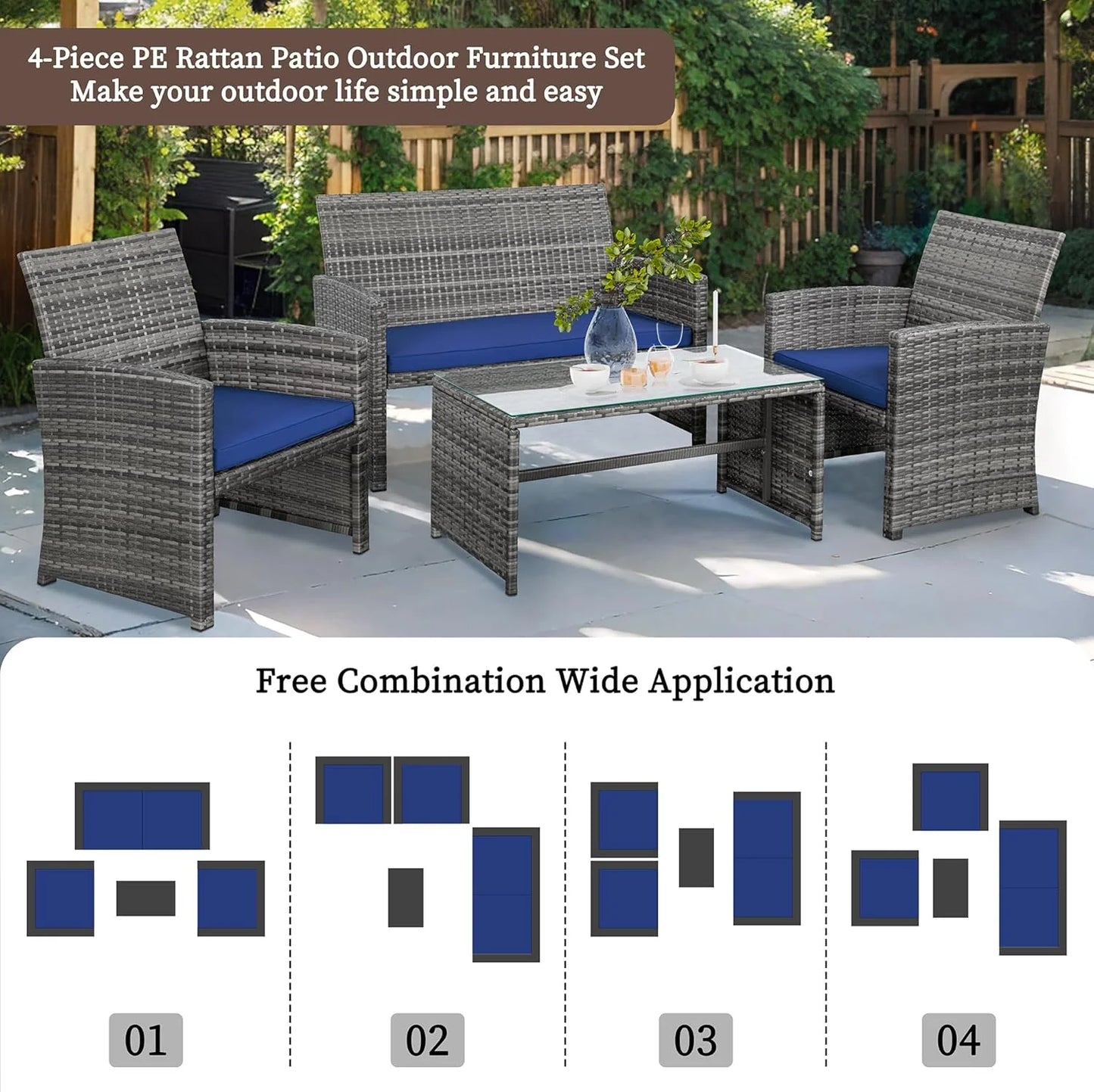 Shintenchi 4 Piece Patio Ratten Set Outdoor Furniture Set Wicker Conversation Set