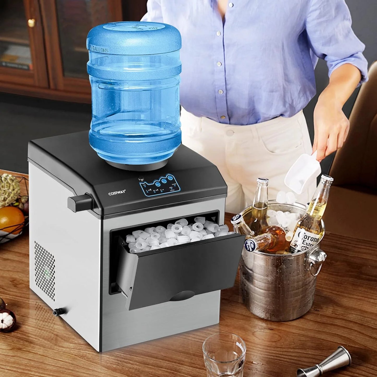 COSTWAY Countertop Ice Maker with Water Dispenser, 3 Sizes Bullet Shaped Ice, 48lbs/Day, Fast Ready in 6 Minutes, Ice Machine with Cold Water for Home Bar Kitchen Office