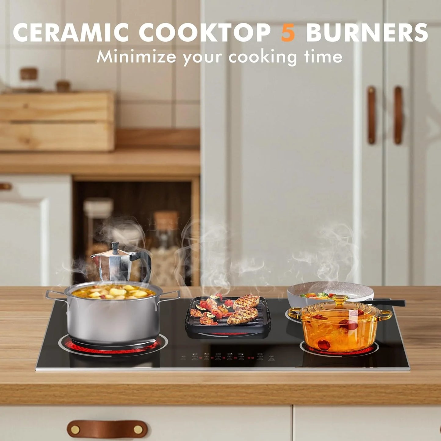 Electric Cooktop 30 Inch - 5 Burners Built-in Ceramic Cooktop, 30" Electric Stove Top with Glass Protection Metal Frame, 9 Heating Level, 8400W, 220-240V for Hard Wire(No Plug)