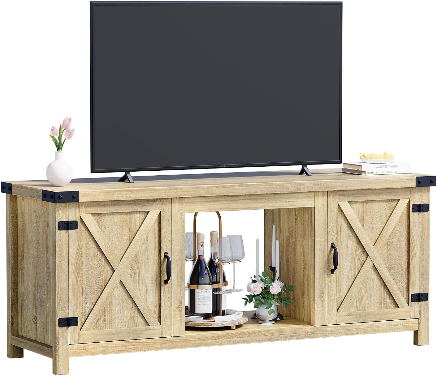 YESHOMY Fireplace TV Stand with Two Barn Doors and Storage Cabinets for Televisions up to 65+ Inch, Entertainment Center Console Table, Media Furniture for Living Room, 58 Inch